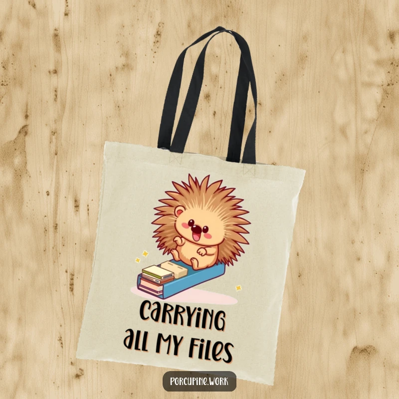 Funny tote bag featuring a delighted porcupine sliding down a file folder ramp, ideal for carrying groceries or office supplies humorously.