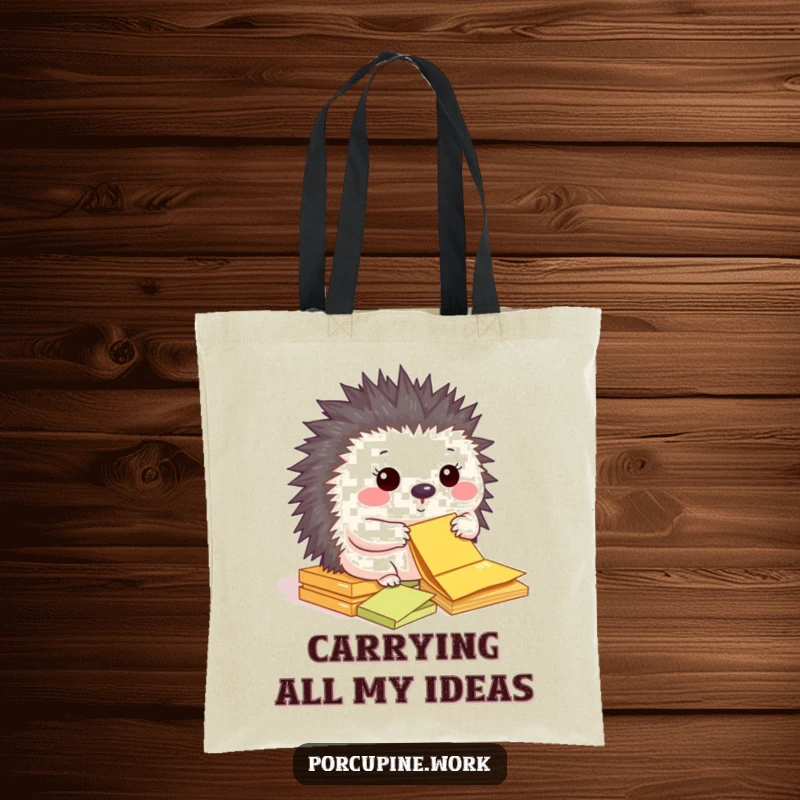 Funny tote bag with a happy porcupine organizing colorful sticky notes.