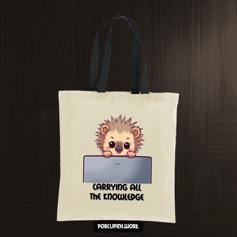 Funny tote bag illustrated with a porcupine peeking over a monitor screen, showcasing a humorous and curious design for everyday use.