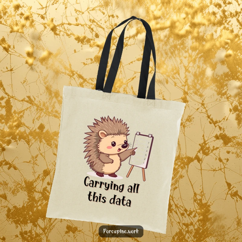 Funny tote bag with a porcupine pointing at a business chart, ideal for carrying essentials with a touch of office wit.