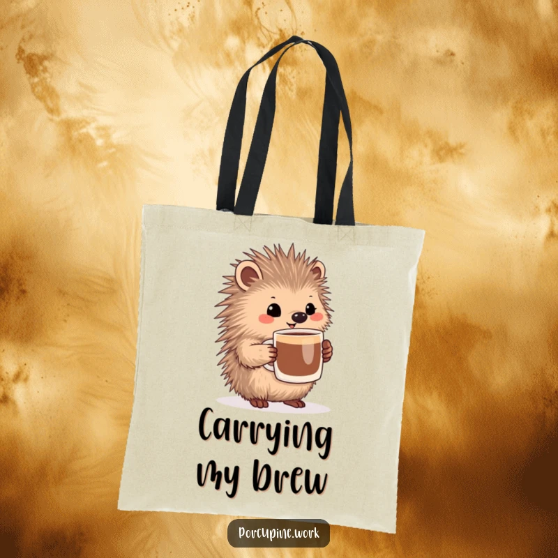 Funny porcupine holding a large coffee mug with a pleased expression, printed on a stylish and practical tote bag.