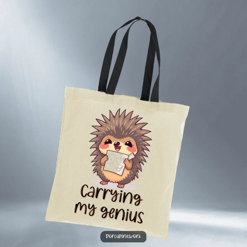 Funny porcupine cheering while holding a rolled-up blueprint on a durable tote bag, ideal for carrying project plans.
