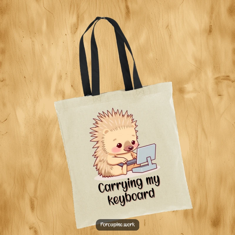 Funny porcupine fumbling with a tiny keyboard, this tote bag is for carrying daily essentials with humor.