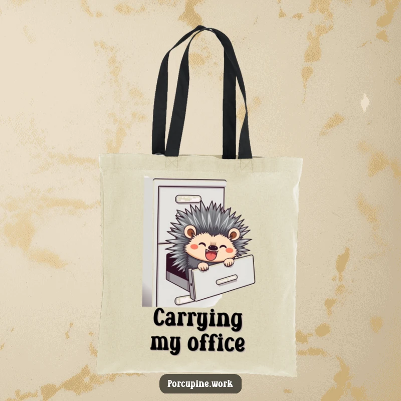 Funny tote bag showing a porcupine sliding down a filing cabinet, perfect for carrying work items with humor.