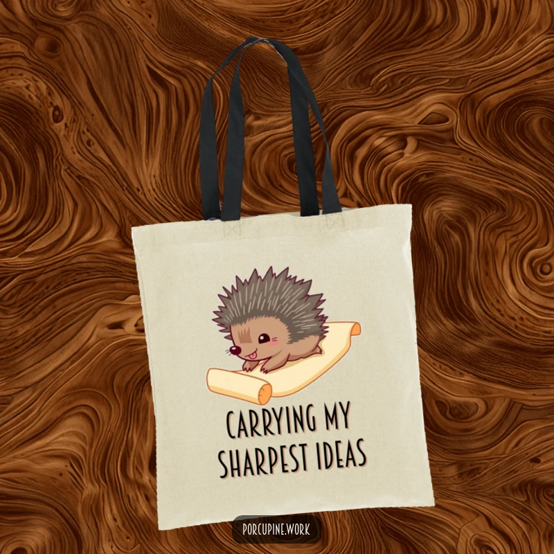 Funny Tote Bag: A gleeful porcupine slides down a paper scroll, perfect for carrying daily items with humor.
