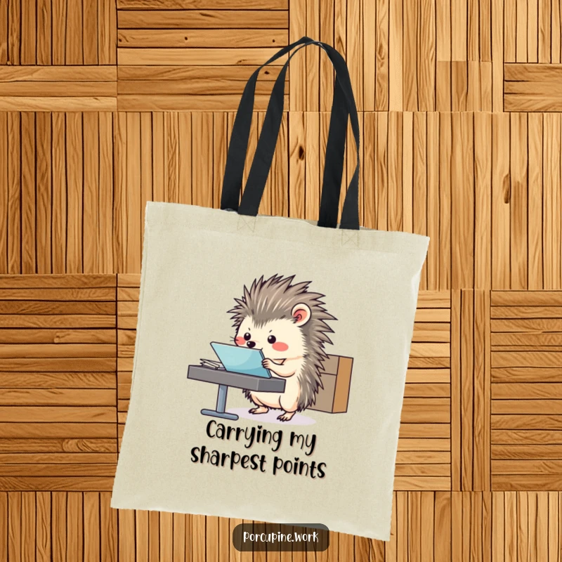 Funny Tote Bag with a porcupine skillfully sliding a file folder, embodying workplace efficiency and style.