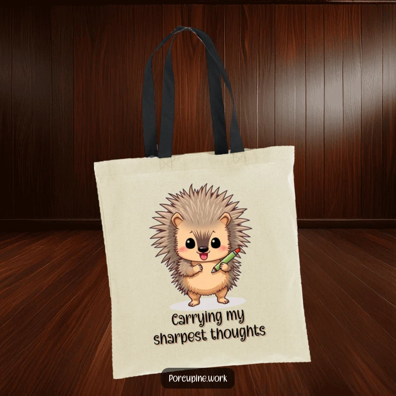 Funny porcupine tote bag, a cute creature dancing with a pen, perfect for shopping and carrying books.