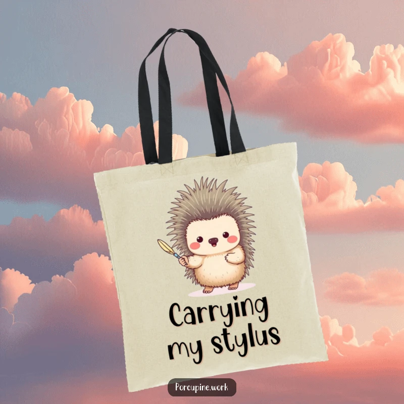 Funny porcupine offering a quill like a pen; this tote bag is for carrying books and writing supplies.