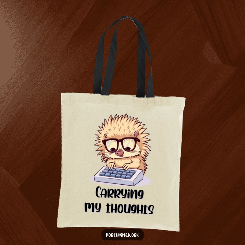 Funny tote bag featuring a studious porcupine with glasses typing away on a small keyboard, perfect for carrying essentials.
