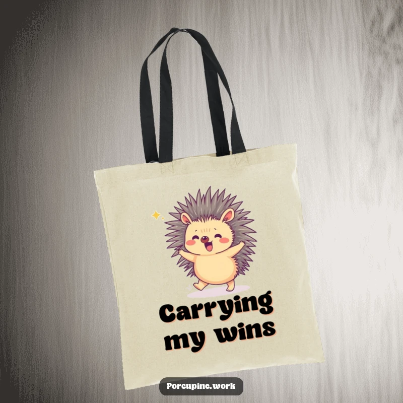 Funny tote bag with a porcupine doing a tiny hop in celebration, perfect for carrying items with a cheerful, happy vibe.