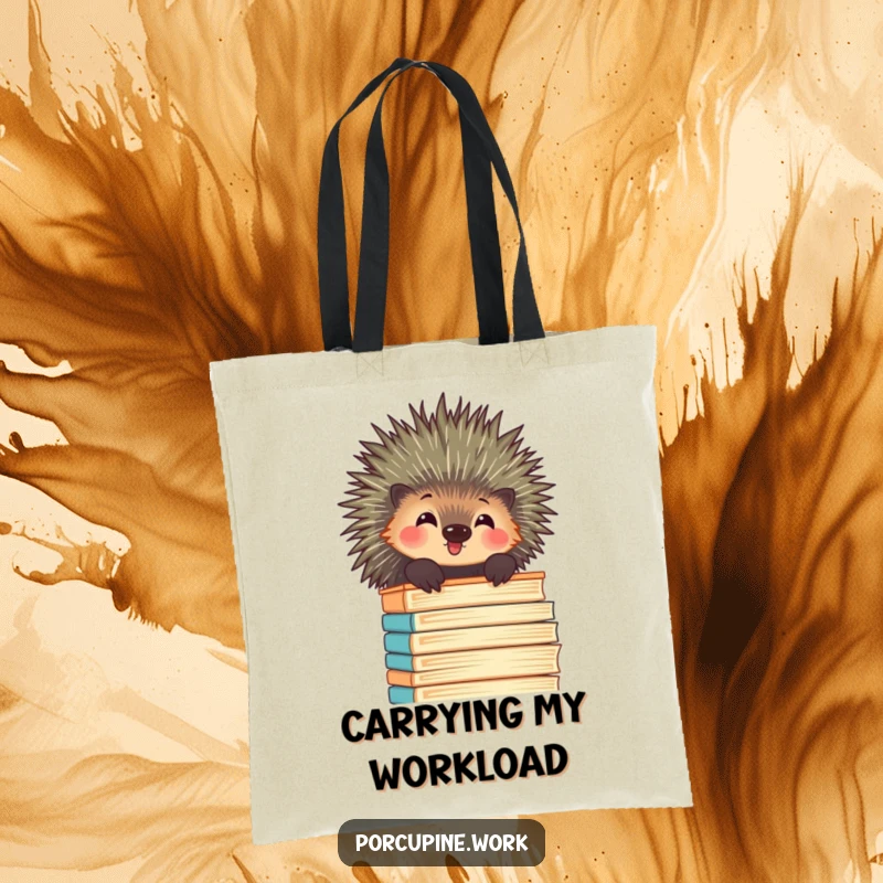 Funny porcupine peeking over a towering stack of files with amusement, printed on a practical and stylish tote bag.