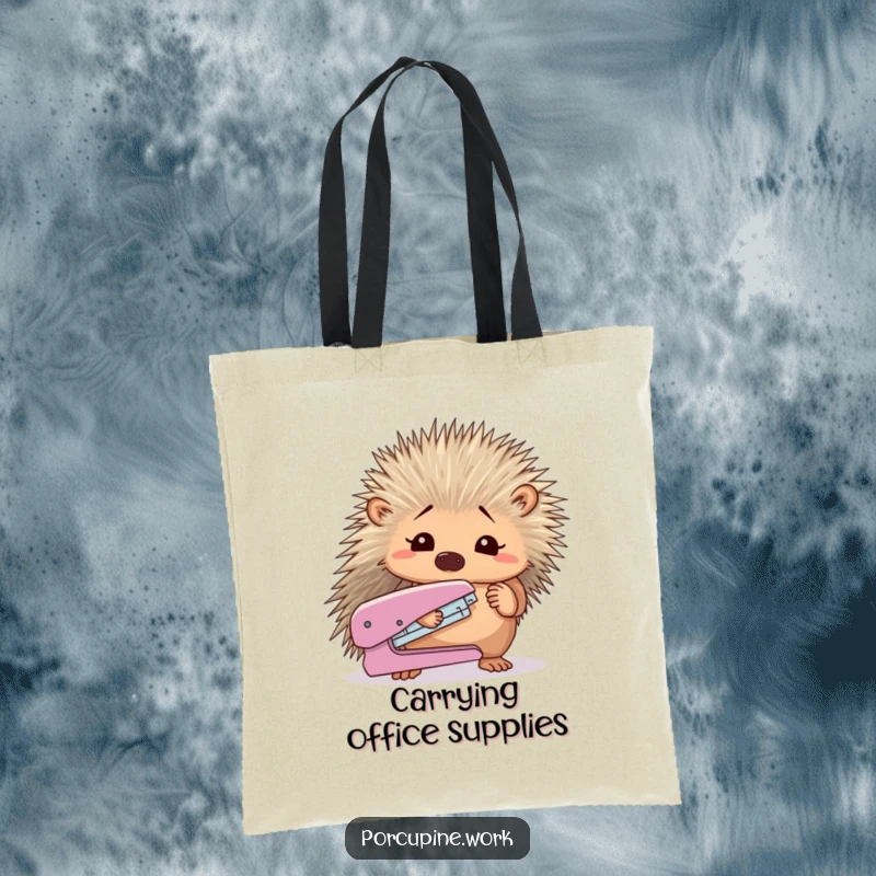 Funny porcupine looking confused at a stapler; this tote bag is for carrying office essentials with humor.