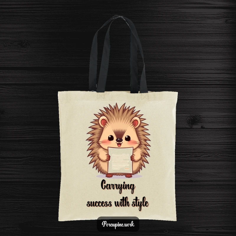 Funny porcupine enthusiastically presenting a document with pride, large tote bag for essentials, celebrating success stylishly.