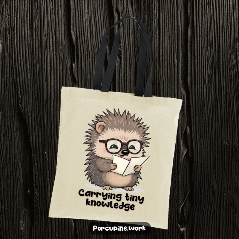 Funny tote bag with a porcupine wearing glasses reading a tiny document, ideal for carrying books with scholarly humor.