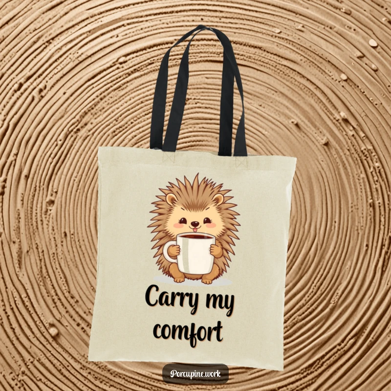 Funny tote bag with a cheerful porcupine holding a large coffee mug, ideal for carrying essentials with morning cheer.
