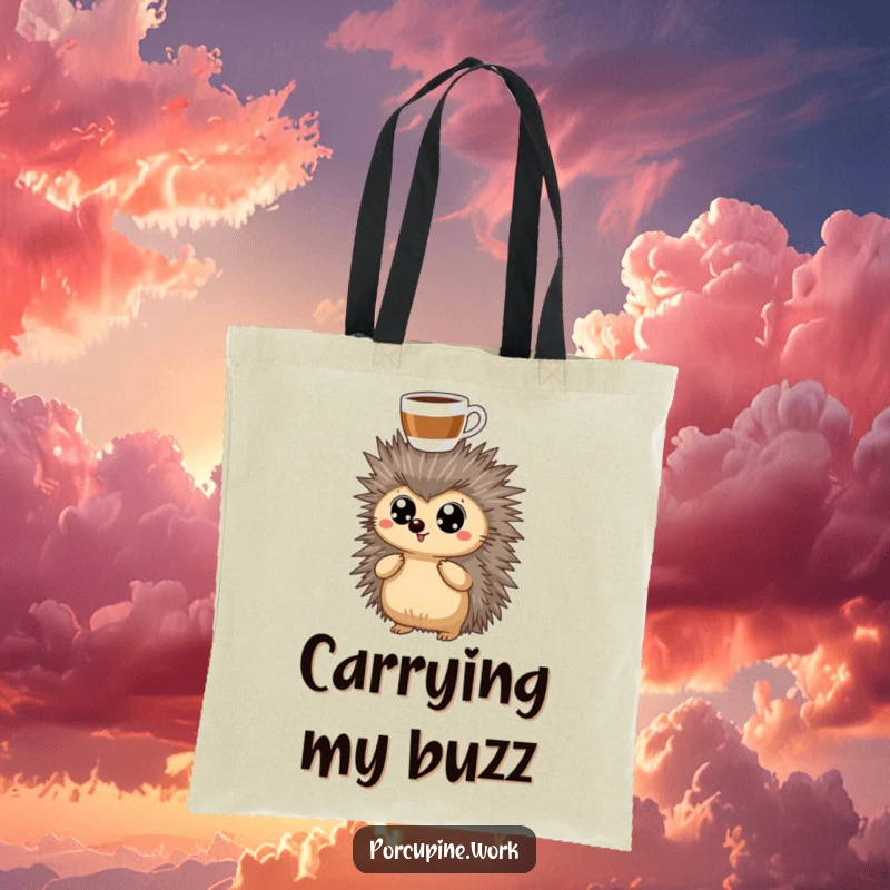 Funny Tote Bag featuring a porcupine with wide eyes, a coffee cup precariously balanced on its head, ready for any task.