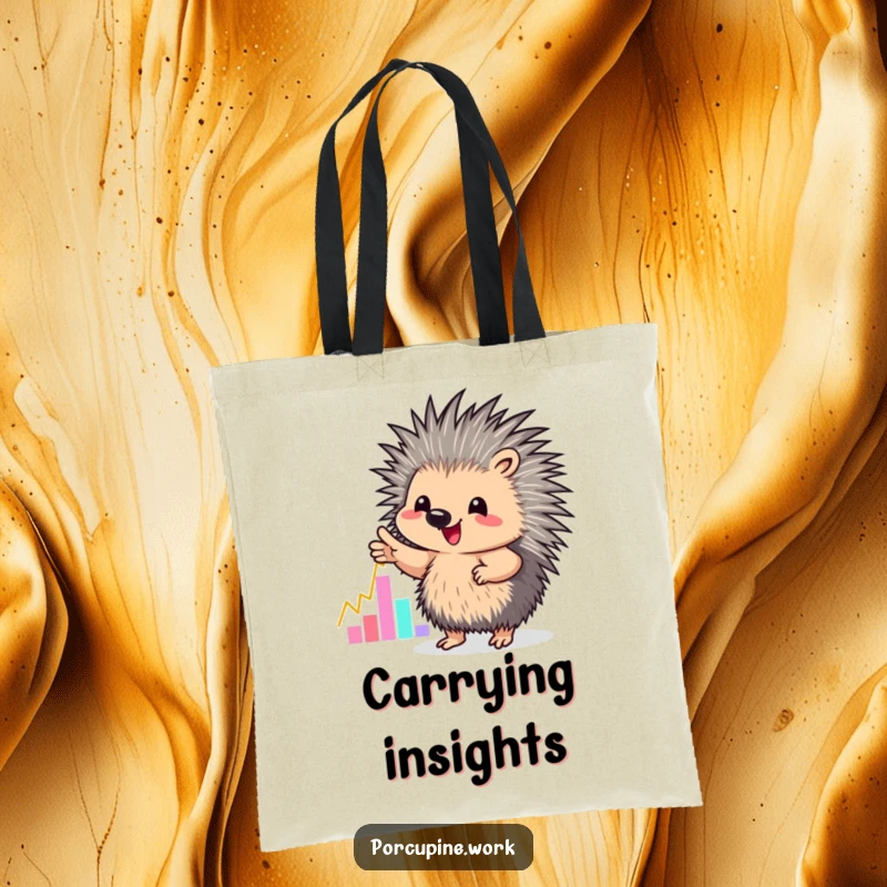 Funny tote bag with a porcupine enthusiastically pointing at a colorful graph, perfect for carrying work essentials.