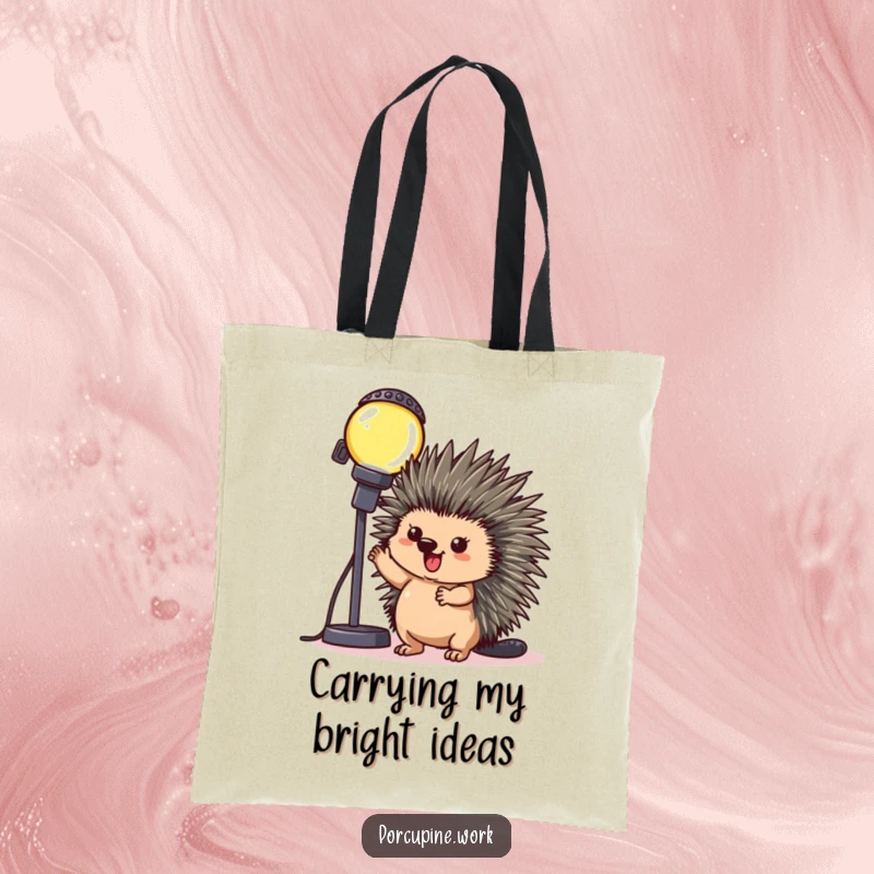 Funny Tote Bag: A porcupine poses triumphantly beside a blinking office light, perfect for carrying your achievements.