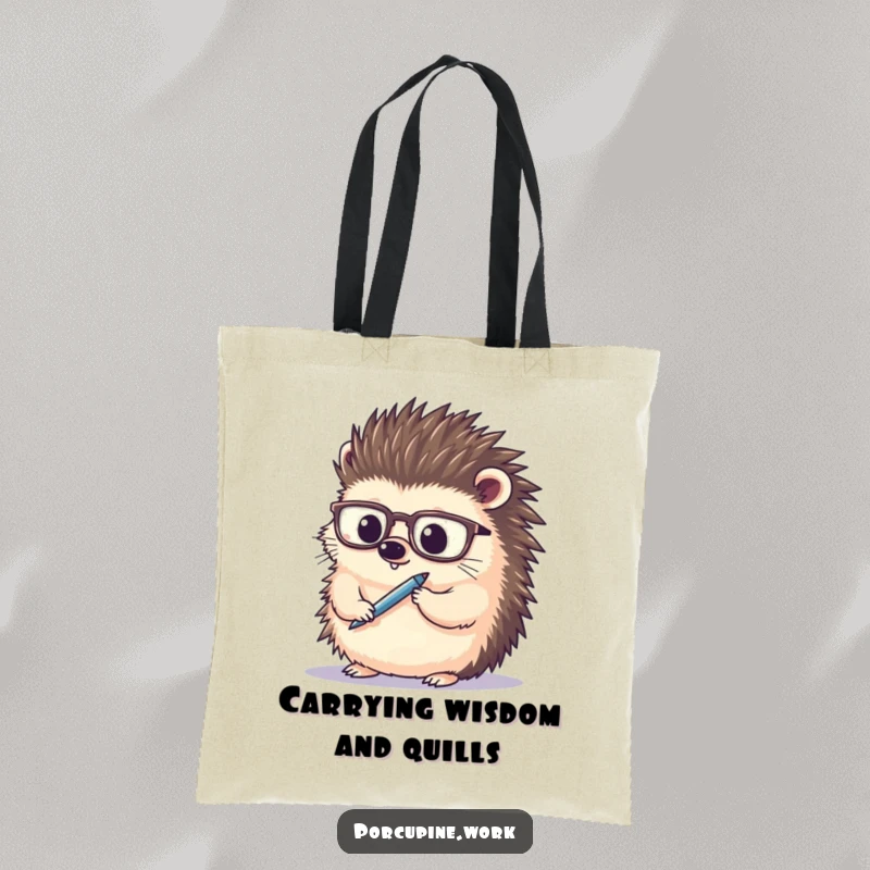Funny porcupine wearing spectacles, thoughtfully holding a pen, large tote bag for books and essentials, stylish and humorous.