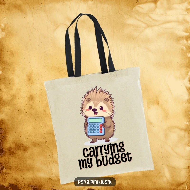 Funny porcupine triumphantly holding a tiny calculator, printed on a practical and stylish tote bag.