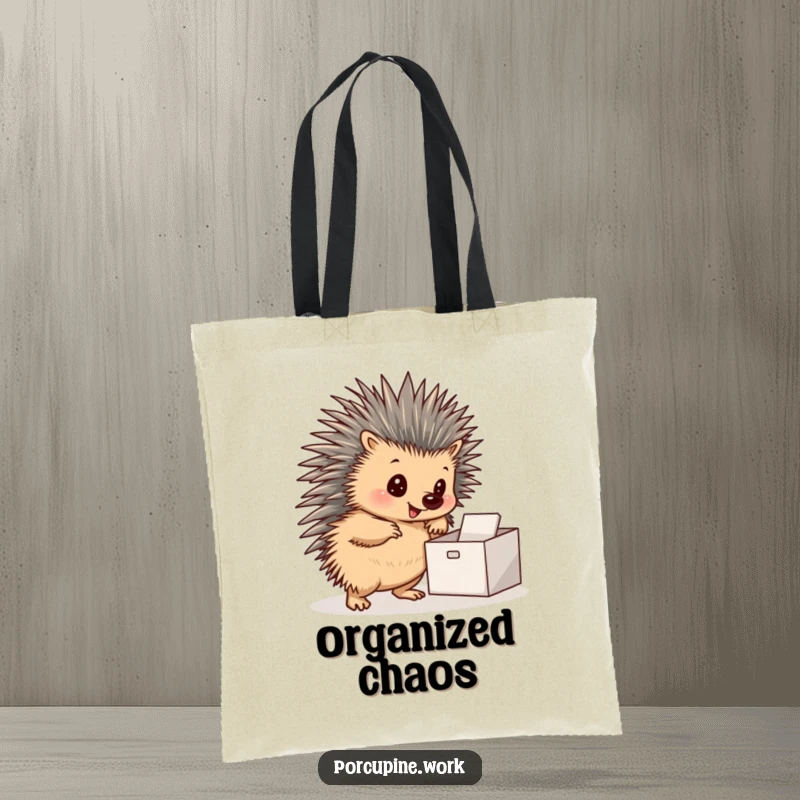 Funny tote bag depicting a porcupine posing confidently next to a neat inbox, perfect for organizing daily essentials.