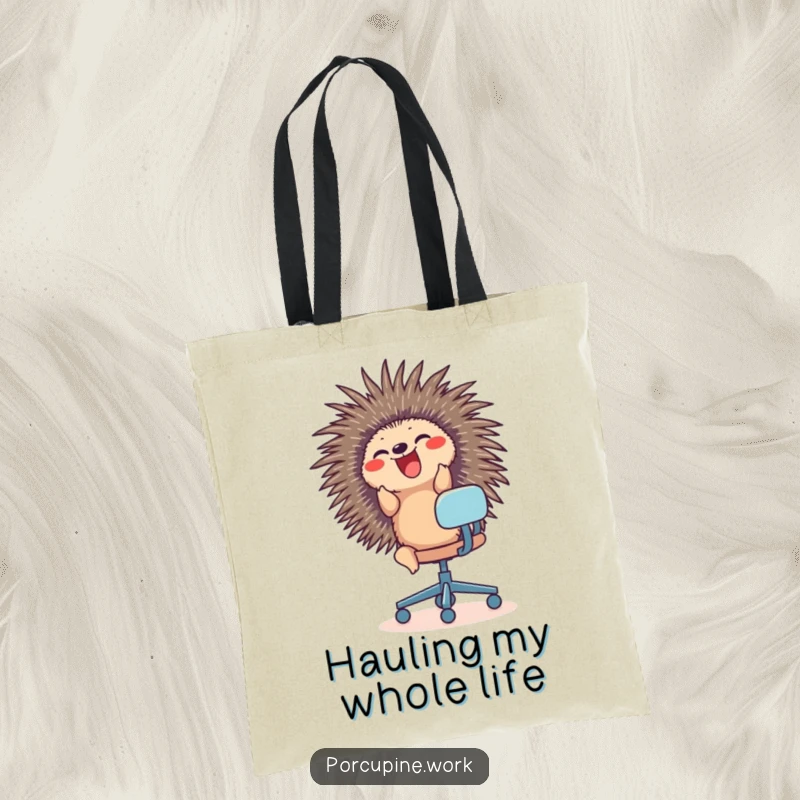 Funny tote bag with a porcupine riding an office chair with glee, a charming and practical accessory for work or play.