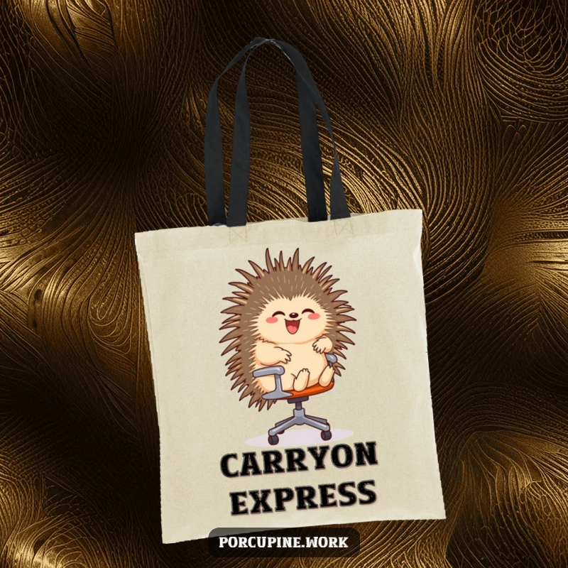 Funny tote bag featuring a porcupine gleefully riding a rolling office chair, ideal for carrying items with a sense of speed and fun.