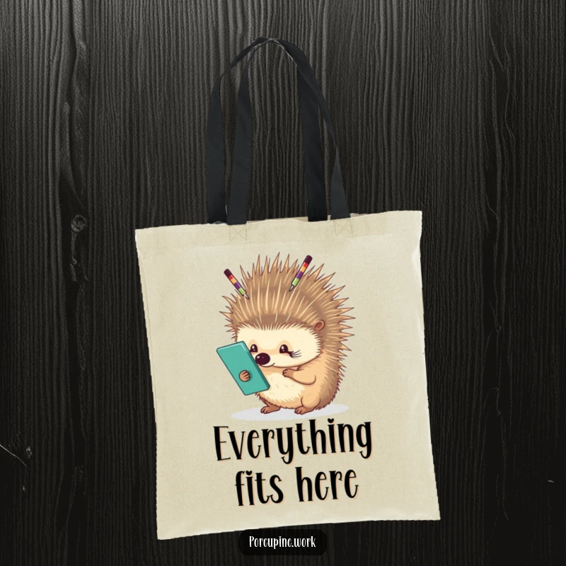 Funny porcupine carefully balancing office supplies on its quills, large tote bag for work items, stylish and humorous.