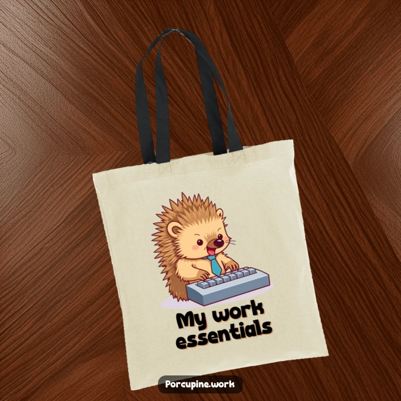 Funny tote bag with a porcupine in a small tie, typing enthusiastically on a keyboard, ideal for office or study.