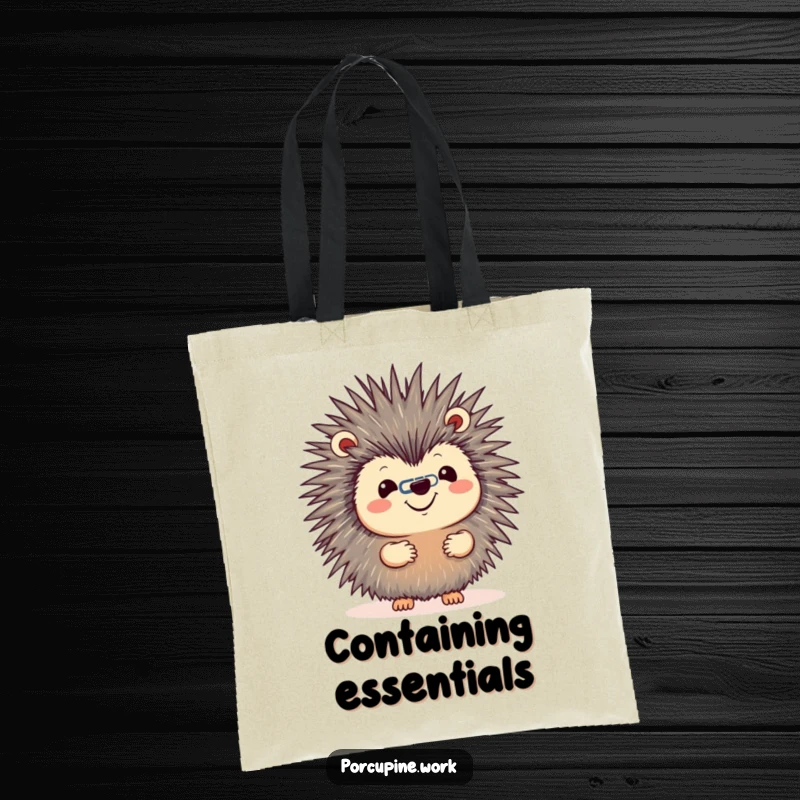 Funny tote bag featuring a porcupine grinning while balancing a paperclip on its nose, ideal for carrying items with flair.