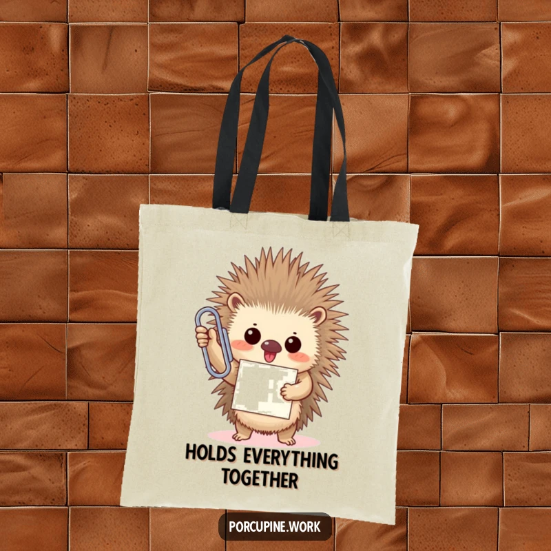 Funny porcupine triumphantly holds an oversized paperclip with a proud smile, perfect for carrying essentials on this humorous tote bag.