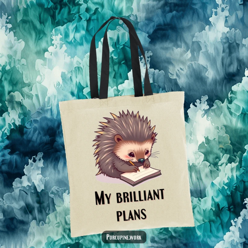 Funny tote bag with a porcupine scribbling notes on a tiny notepad, ideal for carrying essentials for the organized and witty.