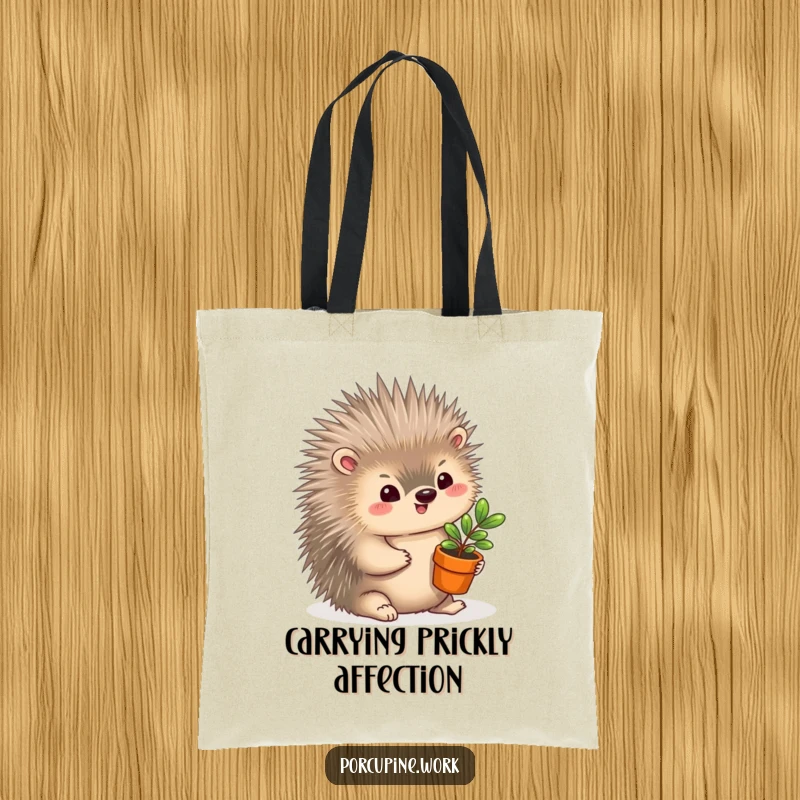 Funny Tote Bag: A porcupine offers a miniature potted plant with a smile, ideal for carrying essentials humorously.