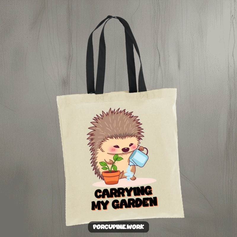 Funny tote bag featuring a porcupine enthusiastically watering a small desk plant, ideal for carrying groceries or plant supplies humorously.