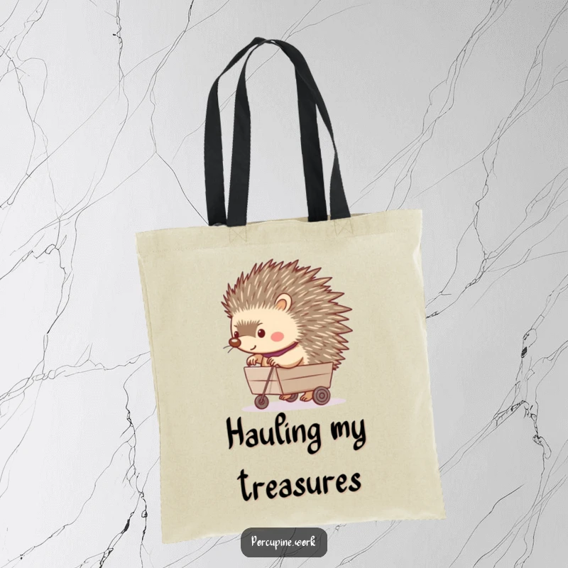 Funny tote bag showing a porcupine happily pushing a tiny rolling cart, a humorous and practical companion for everyday tasks.