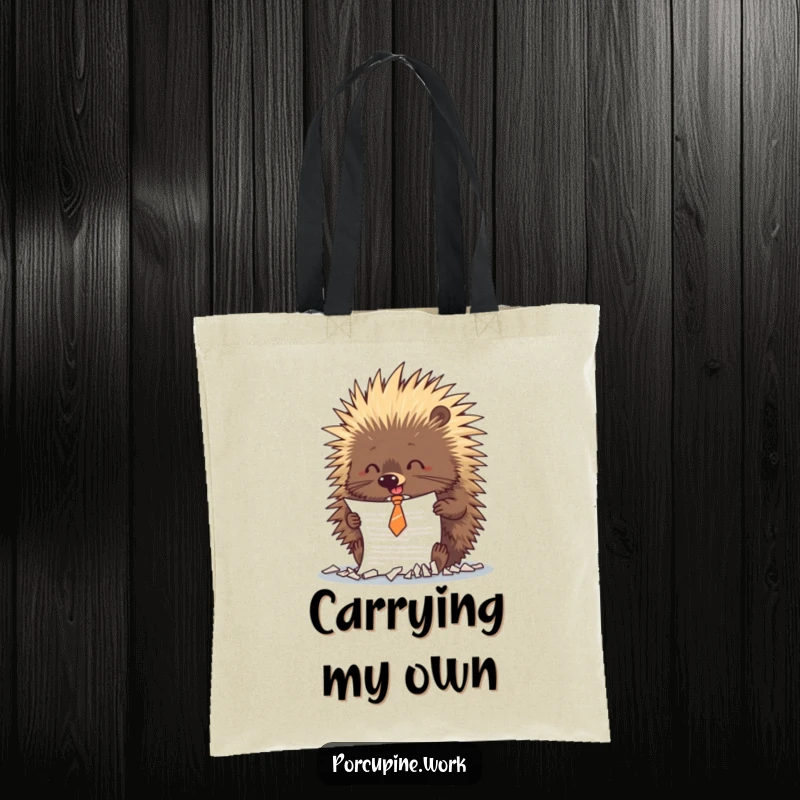 Funny porcupine in a small tie energetically shreds a document, embodying playful office defiance on this humorous tote bag.