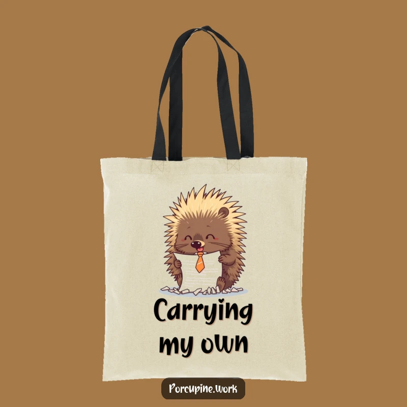 Funny Porcupine Shredding Tote Bag: Tie-Wearing Office Rebel, Hilarious Gift!