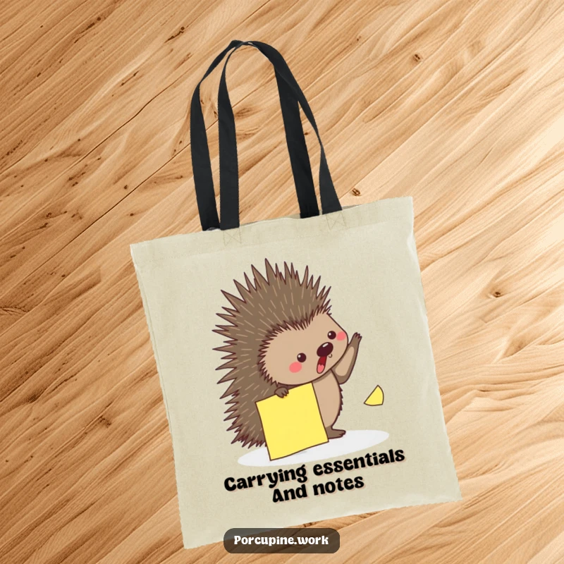 Funny tote bag with a porcupine playfully dodging a falling sticky note, perfect for carrying essentials humorously.