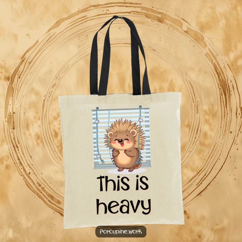 Funny porcupine comically tangled in dangling office blinds on a durable tote bag, perfect for everyday use.