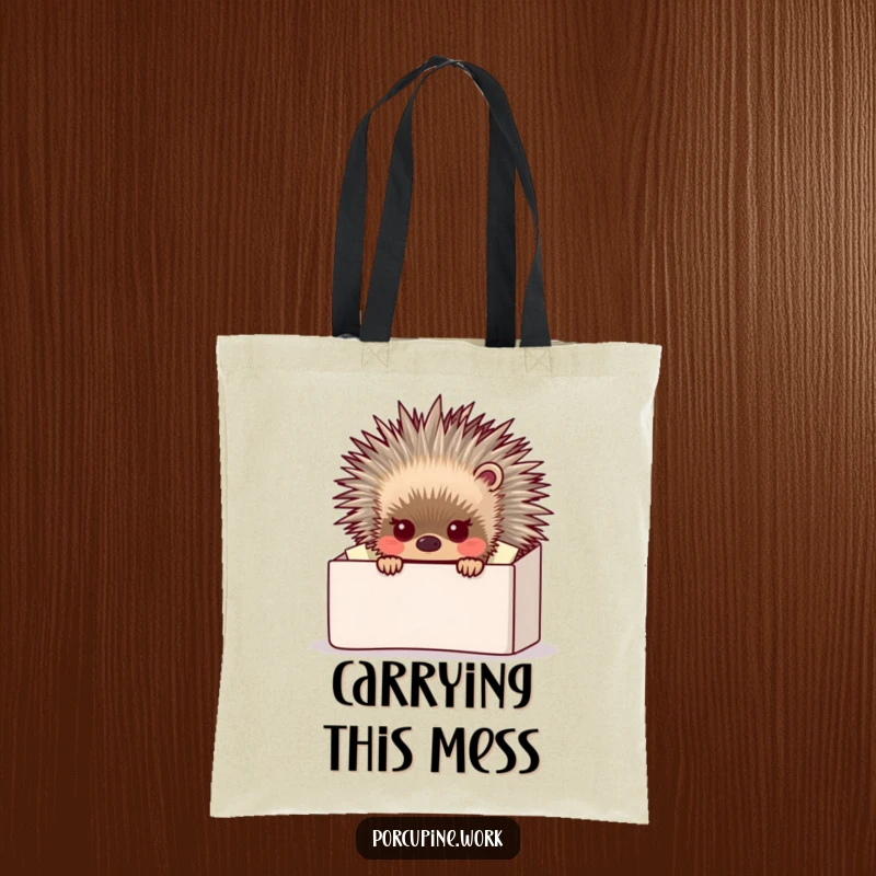 Funny porcupine peeking from behind a massive, overflowing inbox, a humorous tote bag for carrying work or everyday items.