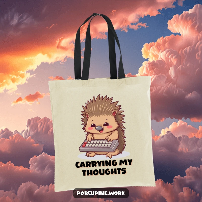 Funny porcupine tote bag featuring a porcupine joyfully typing on a tiny keyboard, perfect for carrying books or groceries with flair.