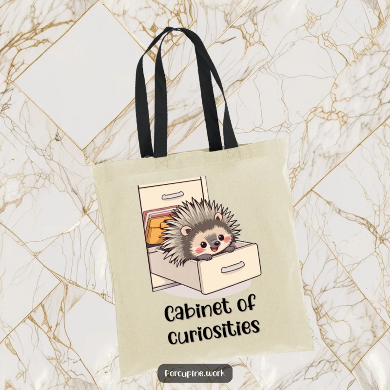 Funny tote bag depicting a porcupine sliding with absolute delight down a filing cabinet drawer, ideal for carrying groceries or books.