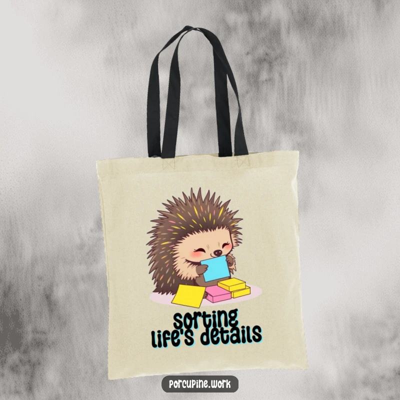 Funny Tote Bag featuring a porcupine using its quills to neatly arrange sticky notes, a humorous depiction of an organized individual.