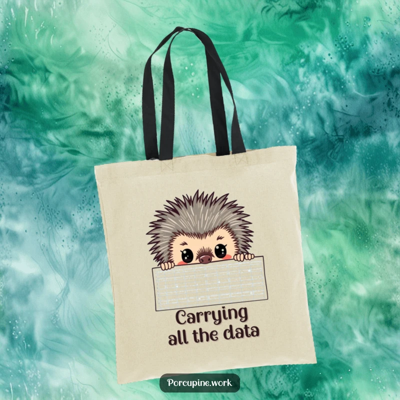 Funny Tote Bag featuring a porcupine with wide, focused eyes peeking over a large spreadsheet, showcasing analytical dedication.
