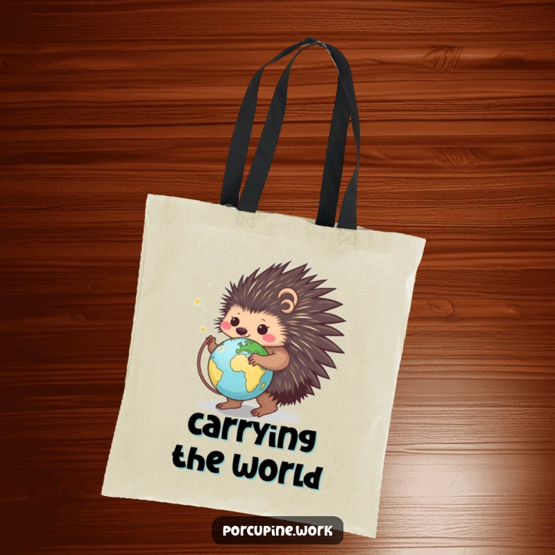 Funny tote bag with a smiling porcupine spinning a tiny globe, perfect for carrying travel essentials with a touch of humor.