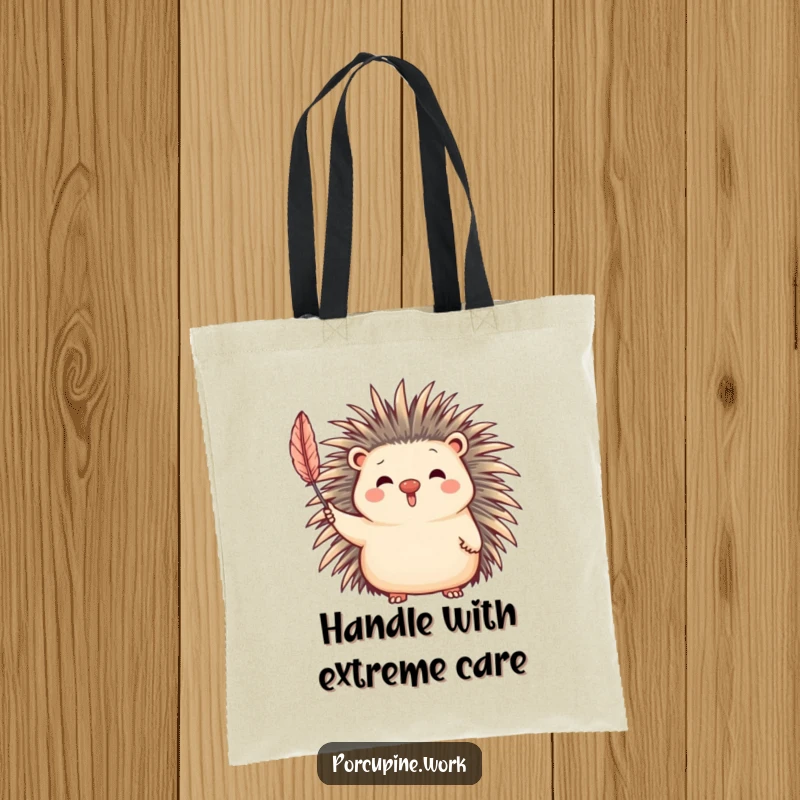 Funny Tote Bag featuring a sweet porcupine character extending a friendly wave with its quill, ideal for everyday use.