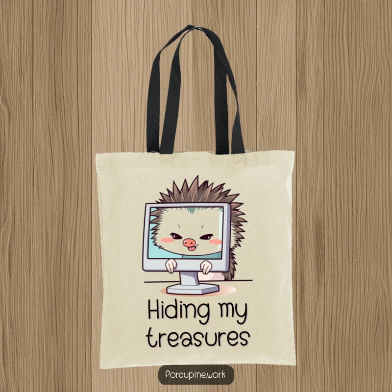 Funny porcupine hiding behind a computer monitor with a sly grin, large tote bag for essentials, stylish and mischievous.