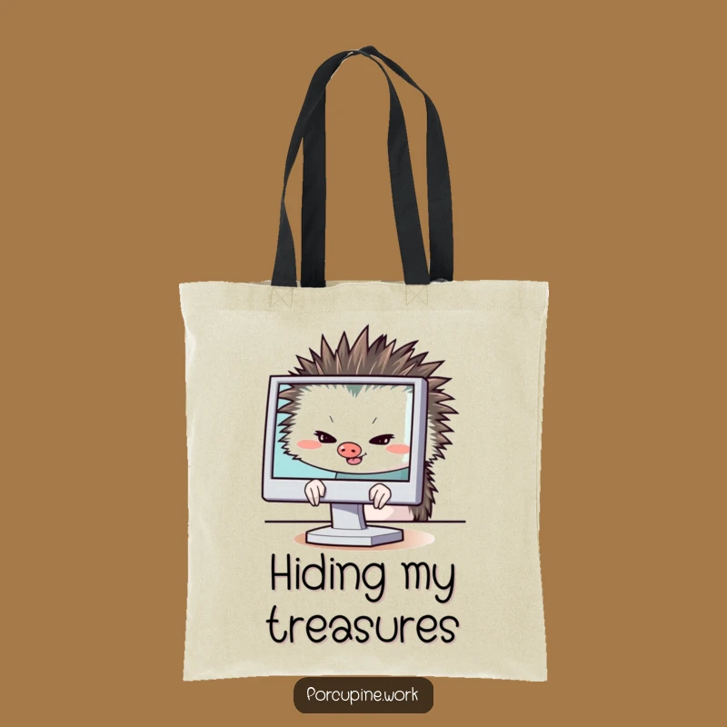 Funny Porcupine Secret Keeper Tote Bag: Hiding Behind Monitor, Chic Funny Gift