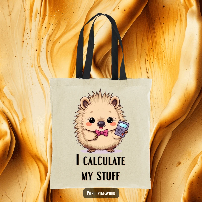 Funny smart porcupine tote bag showing a determined porcupine in a bowtie holding a calculator, for carrying essentials.