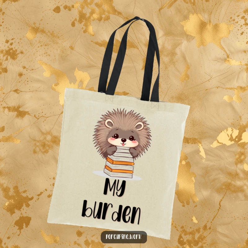 Funny tote bag with a porcupine balancing a precarious stack of papers on its quills, perfect for carrying documents.